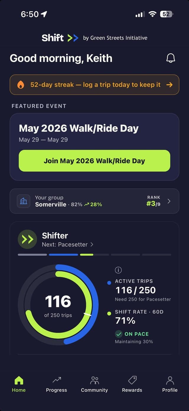 Shift home screen with streak and status tier