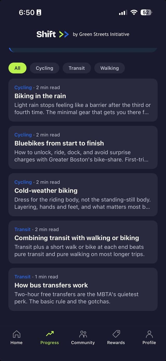 Shift micro-guides: biking in the rain, Bluebikes, bus transfers