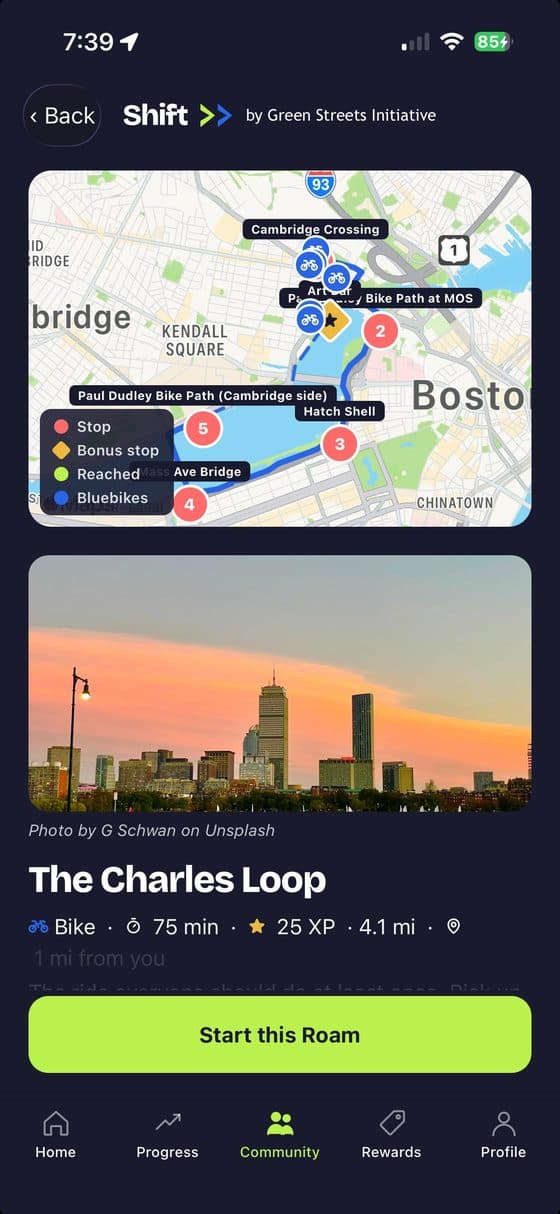 Shift Roam — The Charles Loop, a 4.1-mile bike route with mapped stops and points of interest