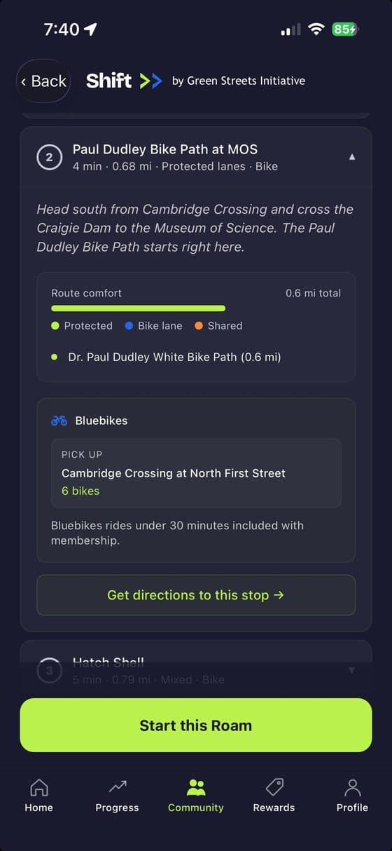 Shift Roam stop detail: route-comfort rating and live Bluebikes availability